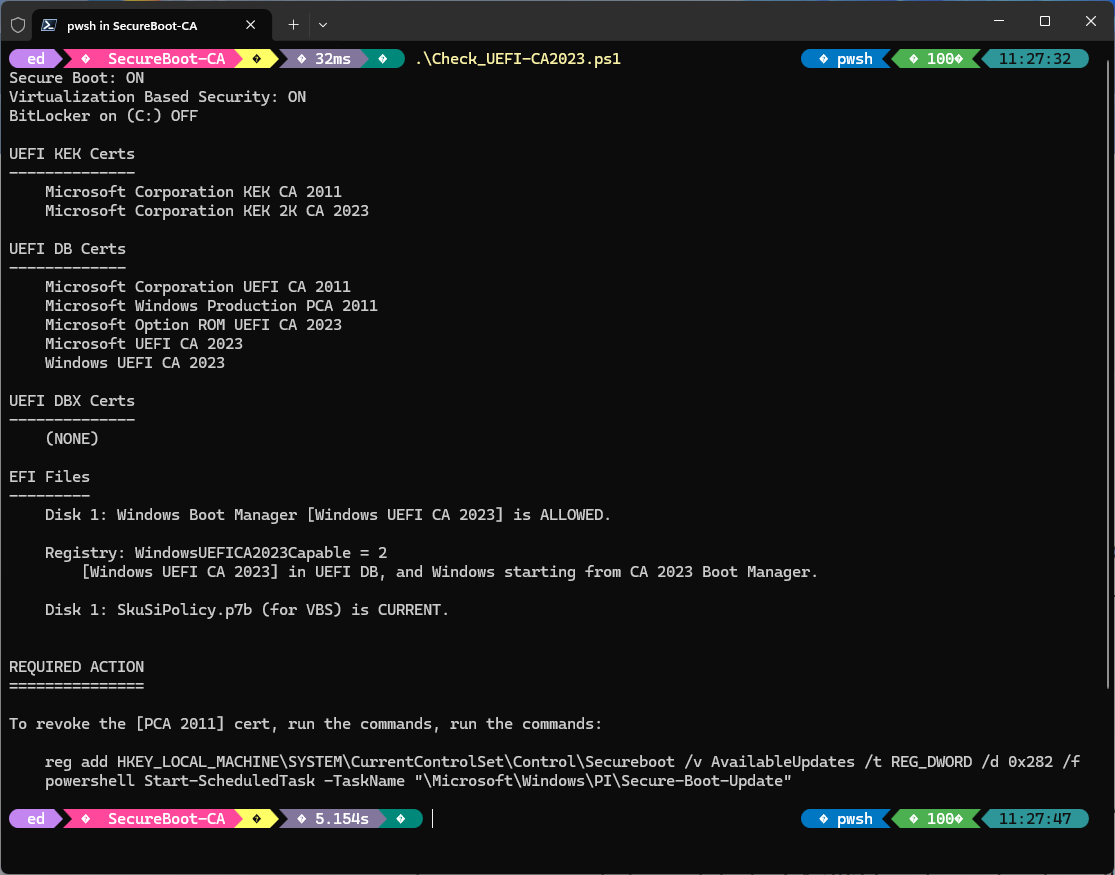 Output from Check_UEFI-CA2023.ps1 on the MSI MAG B550 desktop PC