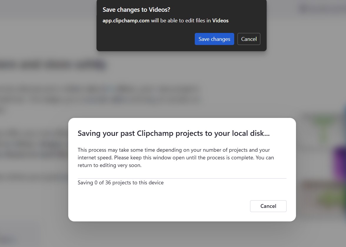 Clipchamp saving old video projects to local disk