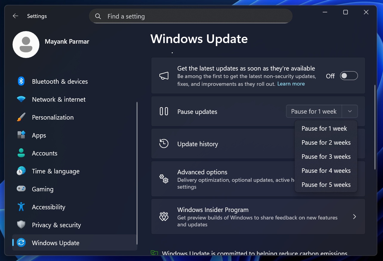 Pause Windows Updates Settings