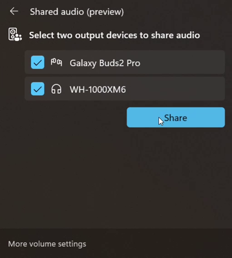 Shared audio settings in Windows 11 for Bluetooth devices