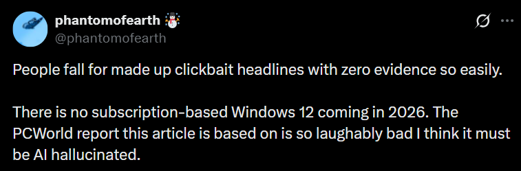 phantomofearth转发关于Windows 12谣言的X帖子