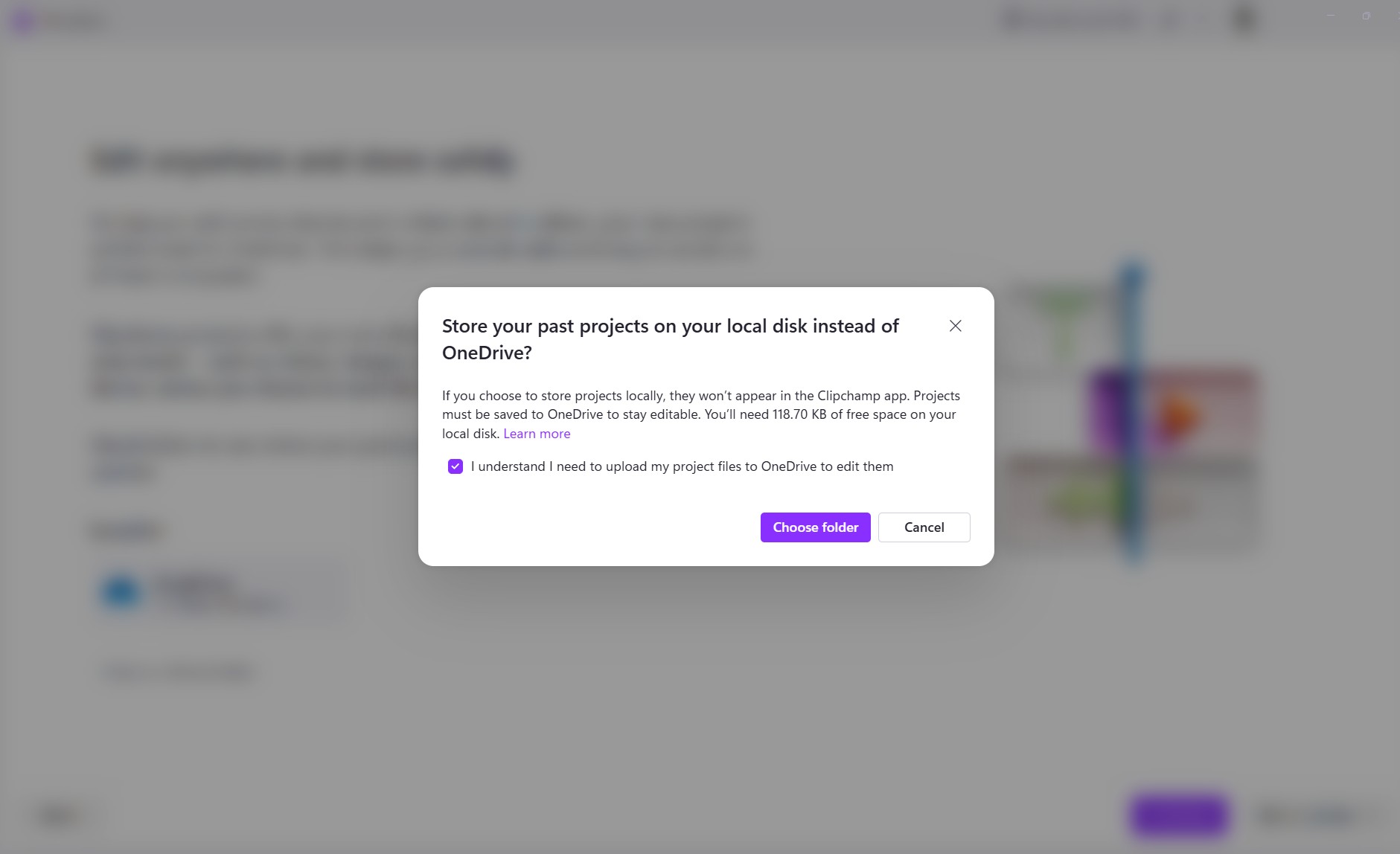 You can choose a folder on your device to archive old Clipchamp video projects