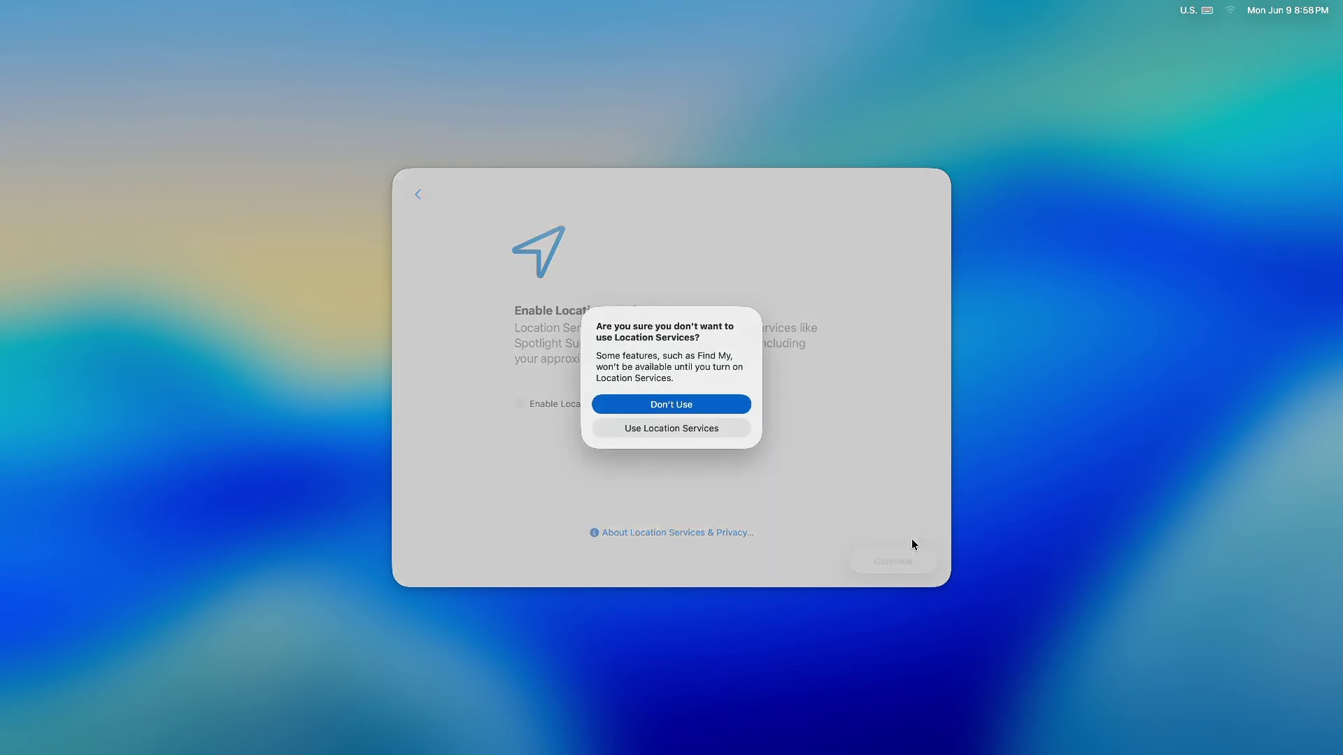 macOS 设置中突出‘不使用定位’选项