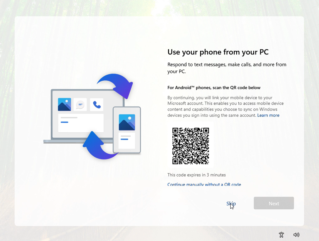 OOBE 中的 Phone Link 安装提示