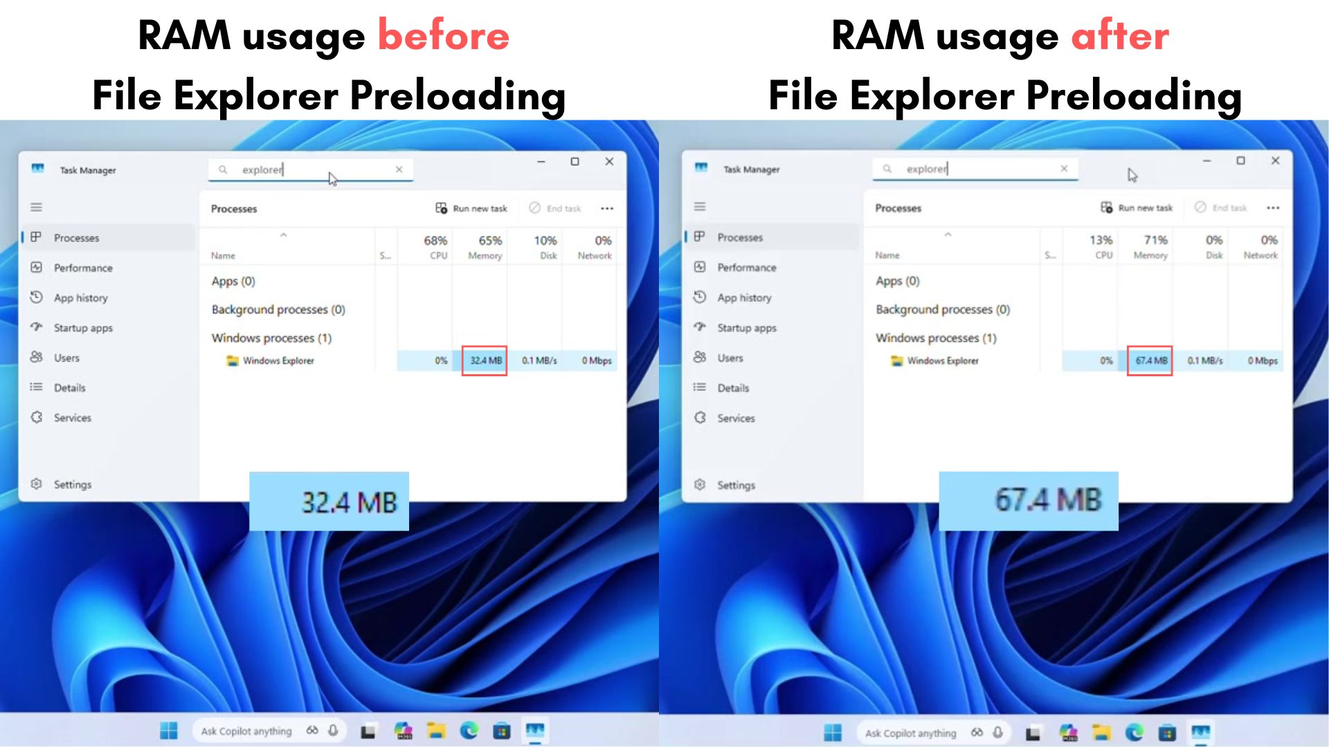 Comparing File Explorer RAM usage before and after Preloading