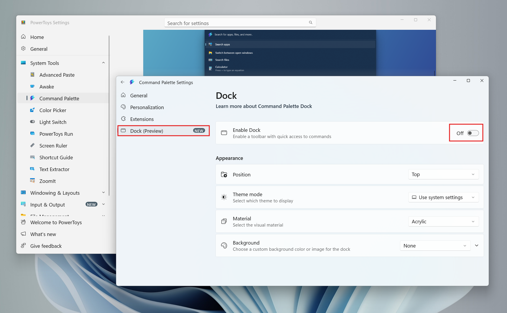 Turn on Dock in Command Palette Settings