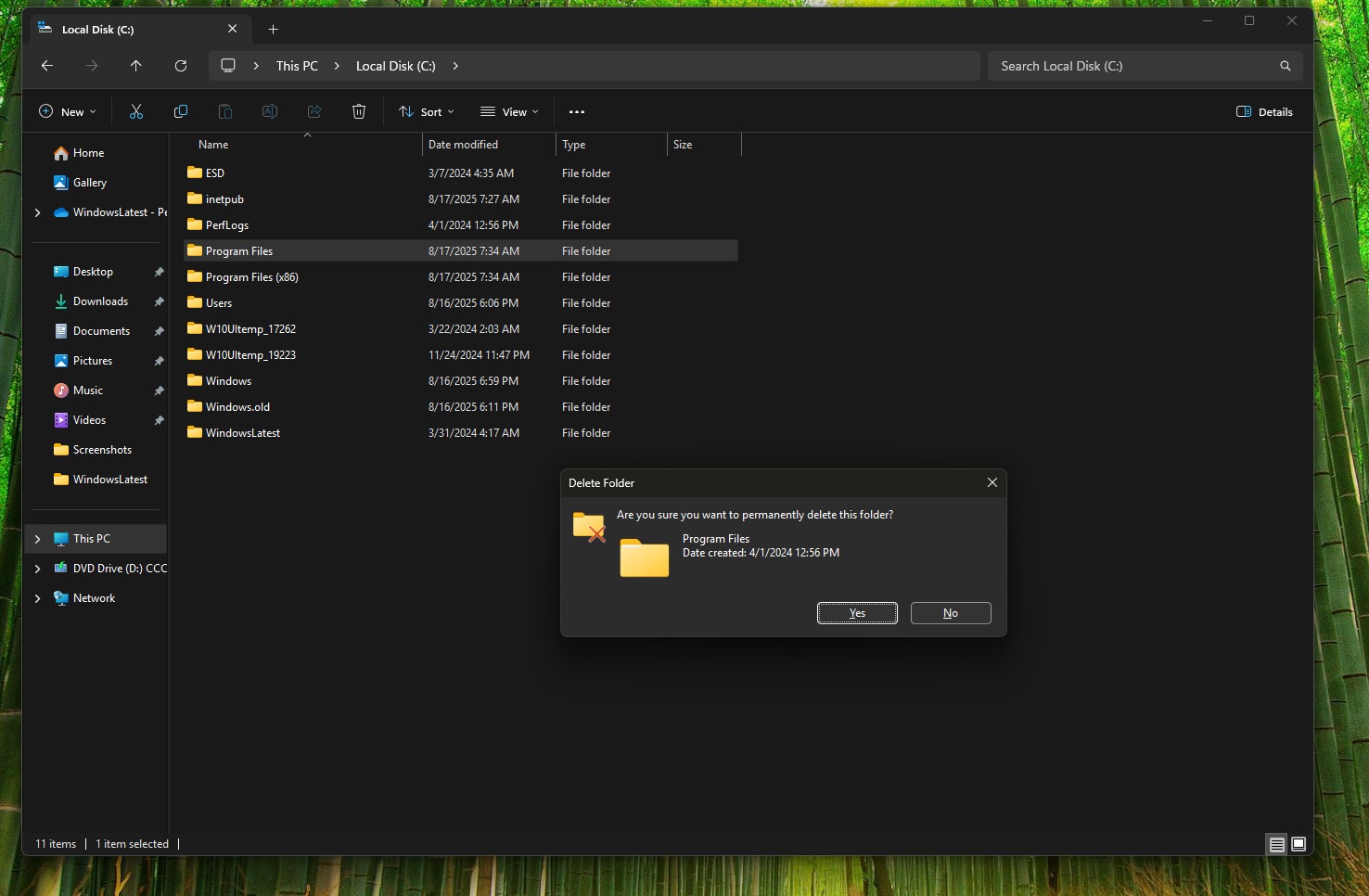 File Explorer dark mode dialogs for Delete Folder