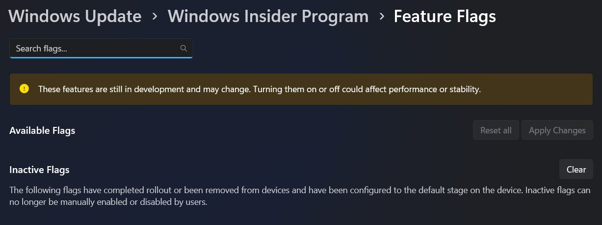 Reset all and Apply Changes buttons next to the Available Flags option in Feature Flags settings page