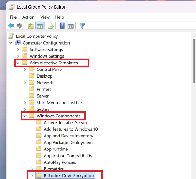 Local Group Policy Editor policies for BitLocker in Windows 11