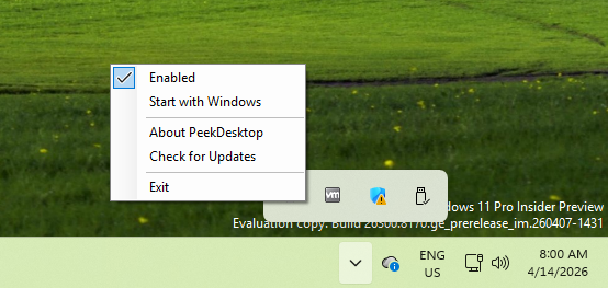 PeekDesktop system tray menu options