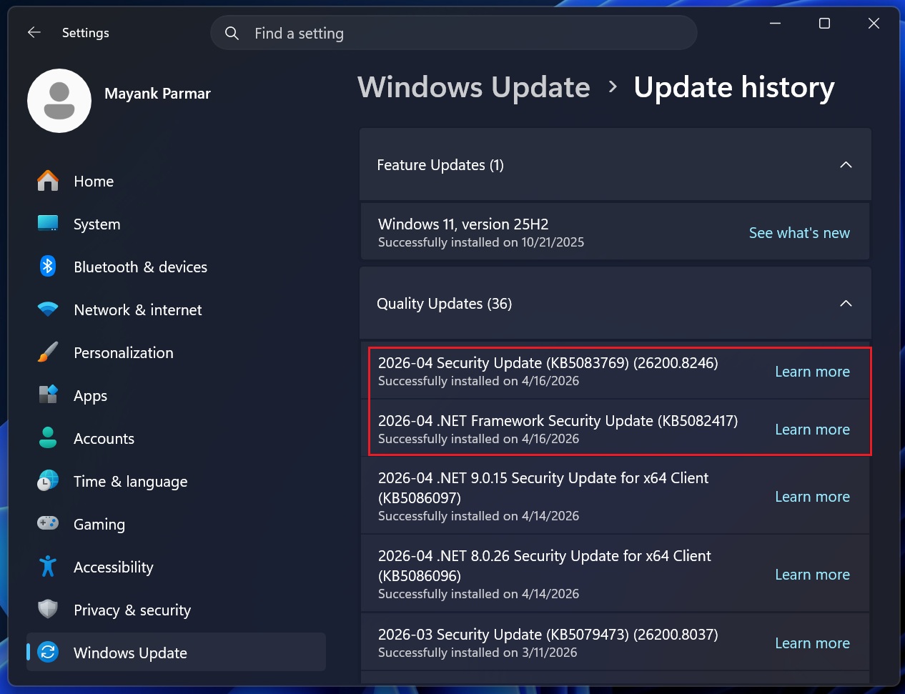 Windows Update history