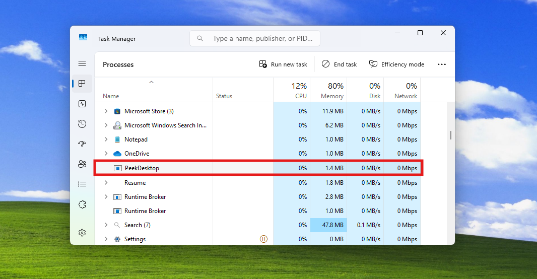 PeekDesktop's system resource usage is basically zero