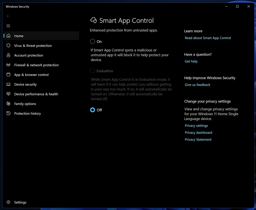 Smart App Control settings