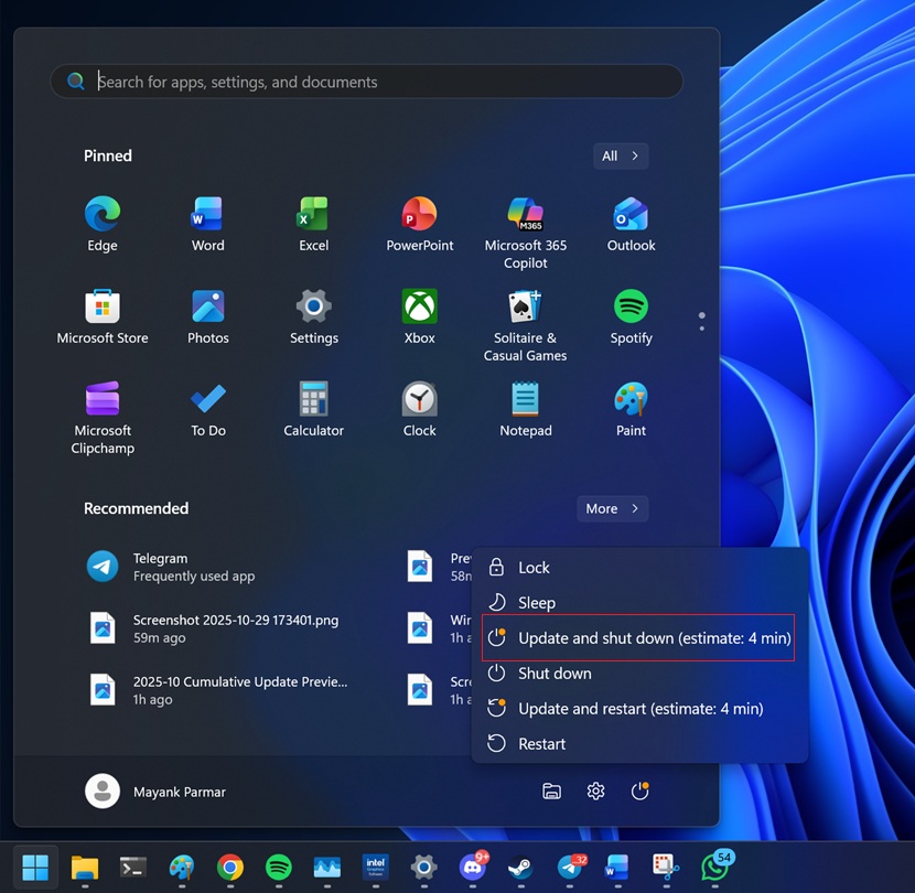 Update and shut down option in Windows 11 25H2