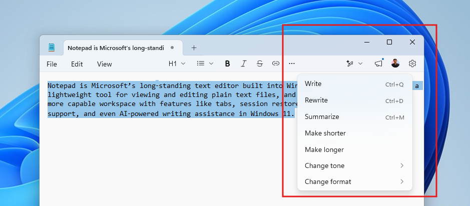 Copilot icon removed in Notepad, but AI features still exists