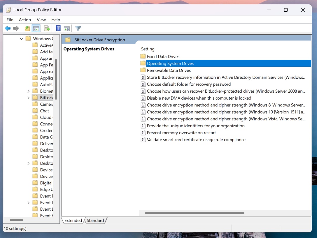 Operating System Drives policy in Group Policy Editor for BitLocker