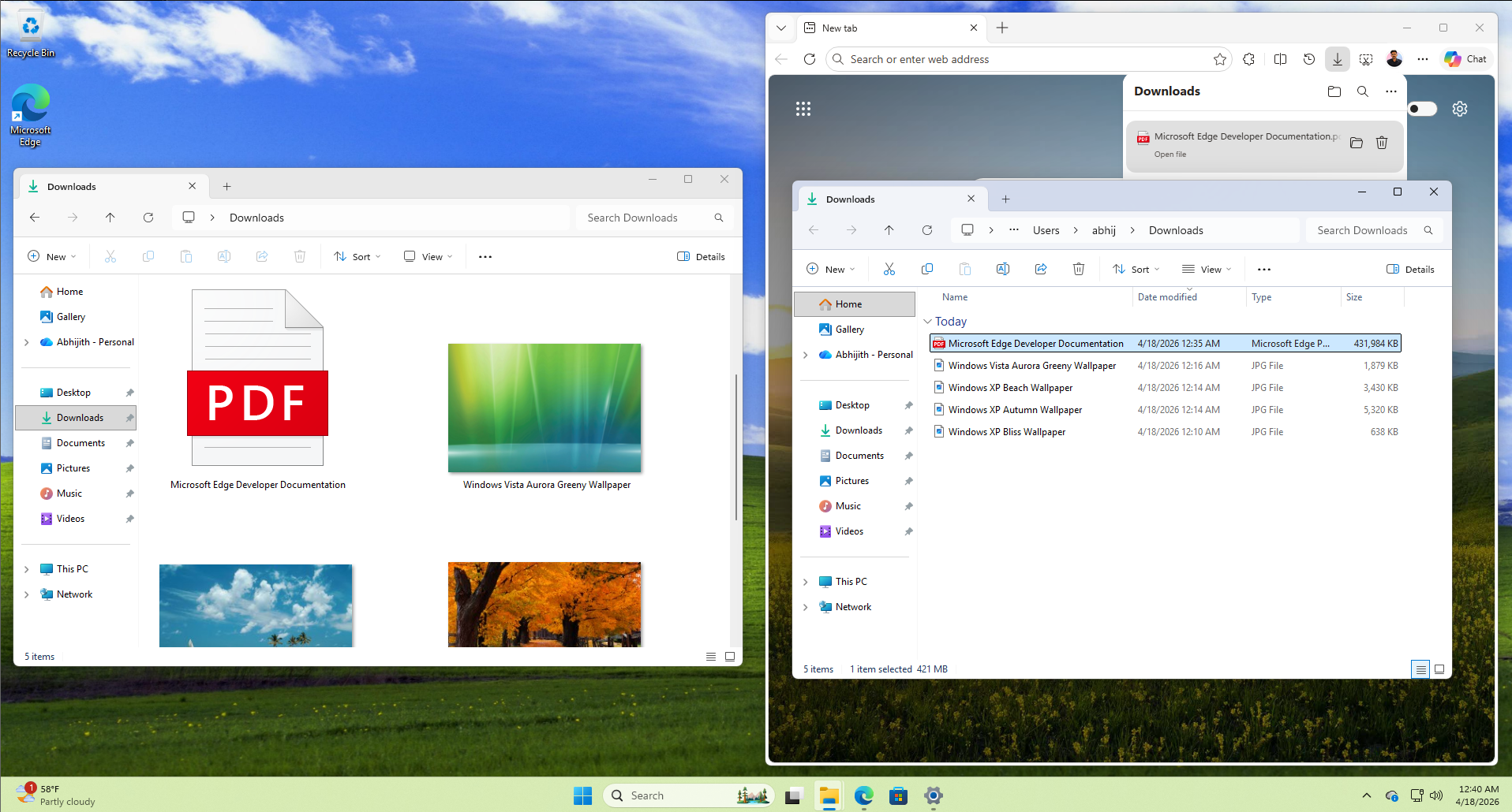 Downloads folder is set to View files and folders as Extra Large Icons, but opening from browser shows them as list