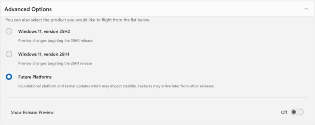 Advanced settings showing the ability to pick Windows core version