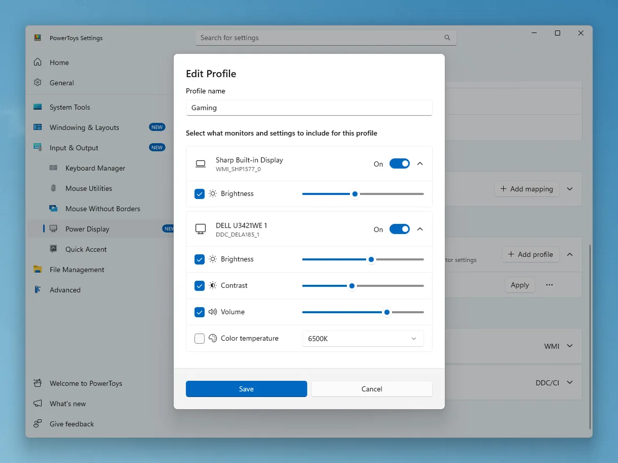 Create profiles in Power Display