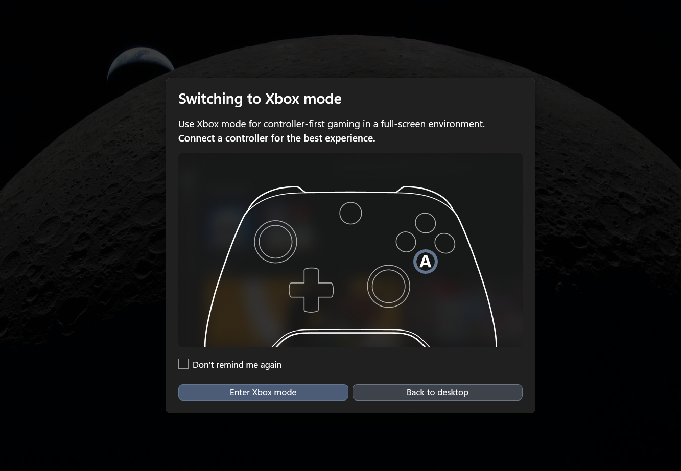 Switching to Xbox Mode shows a warning that it is a control first environment
