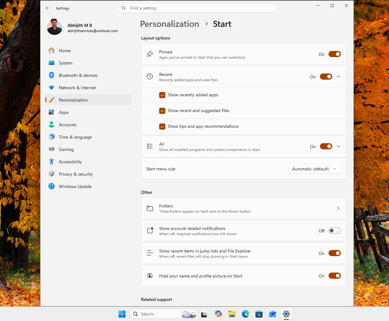 New Start menu Settings page
