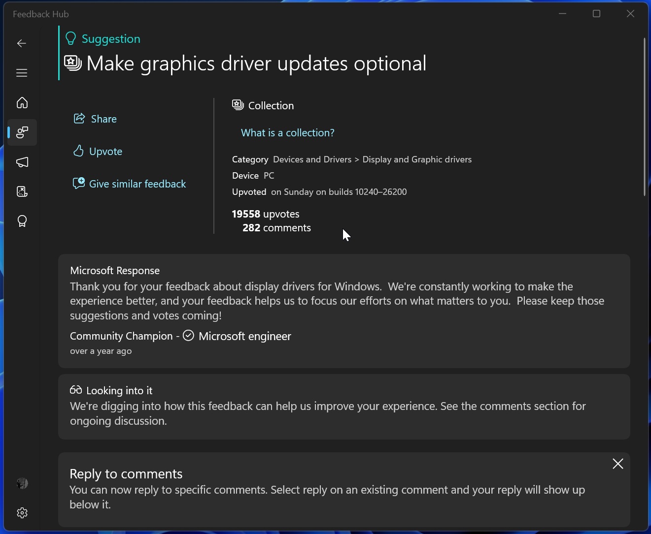 Feedback Hub post on GPU drivers