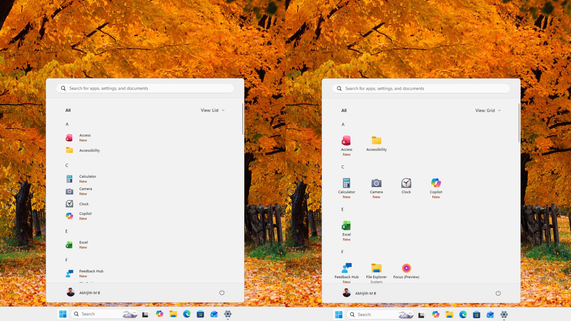 Start menu with All apps only in Grid view and List view