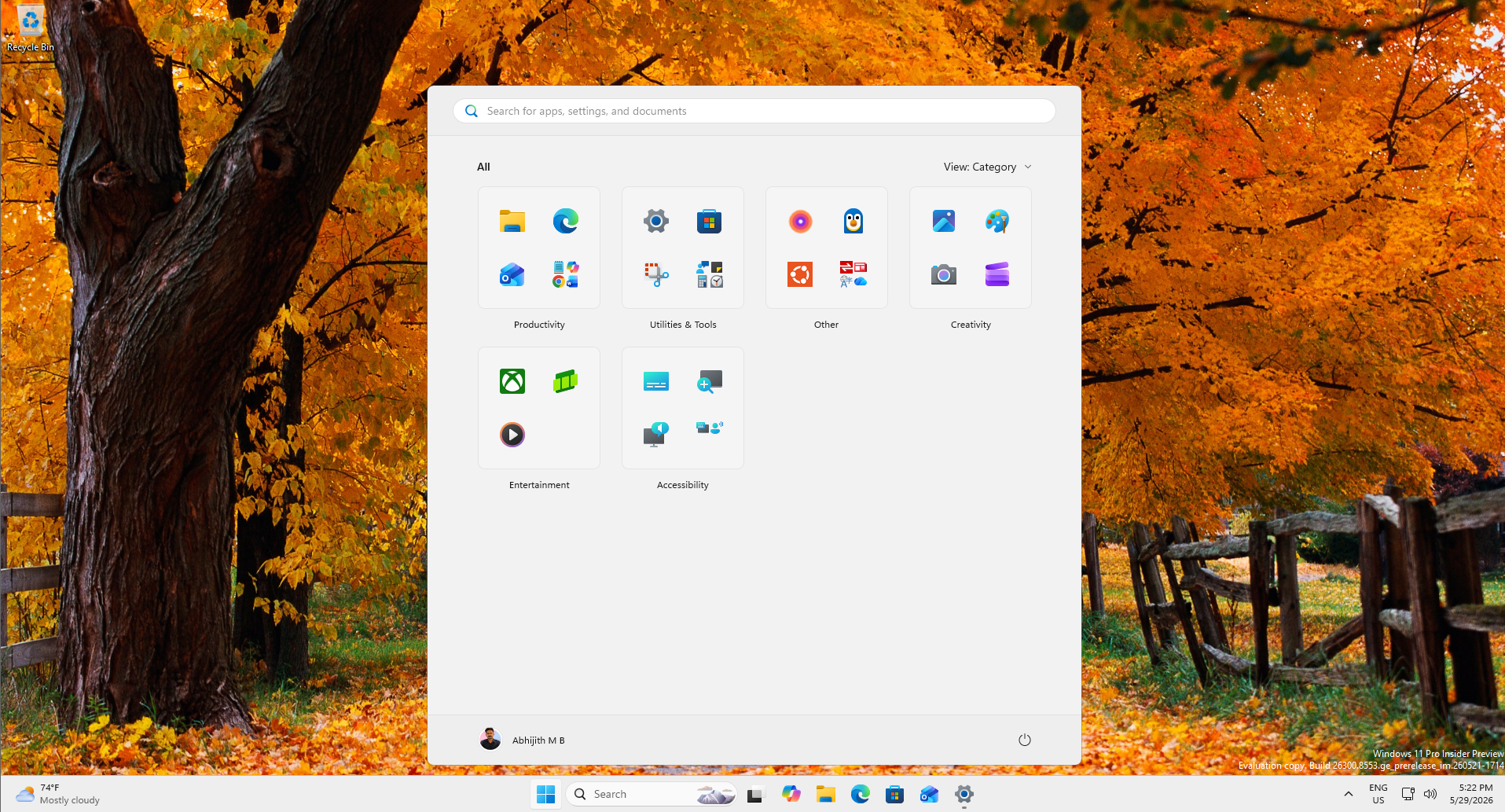 Start menu with just All apps and Recent and Pinned apps turned off