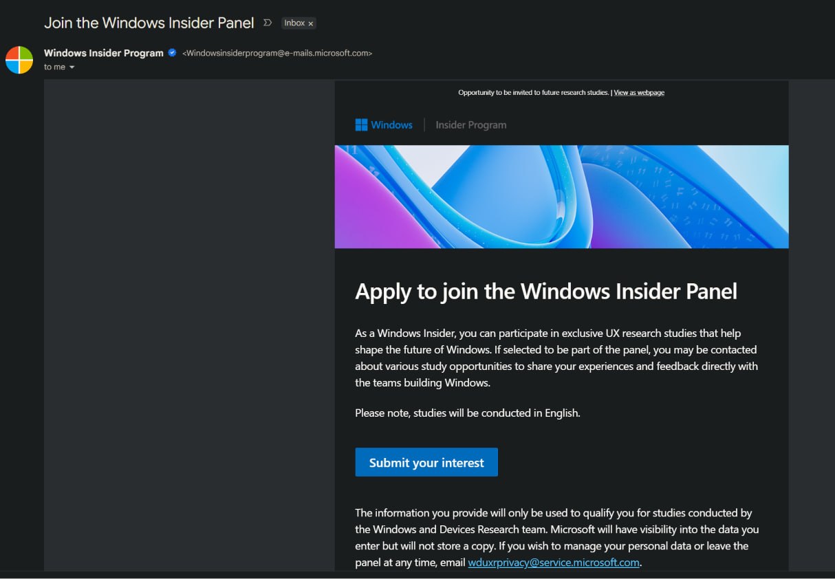 Invitation to apply to join the Windows Insider Panel