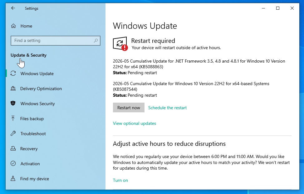 2026-05 Cumulative Update for Windows 10 Version 22H2 for x64-based Systems (KB5087544)