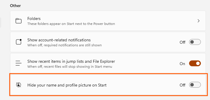 Hide name and profile picture on Start menu