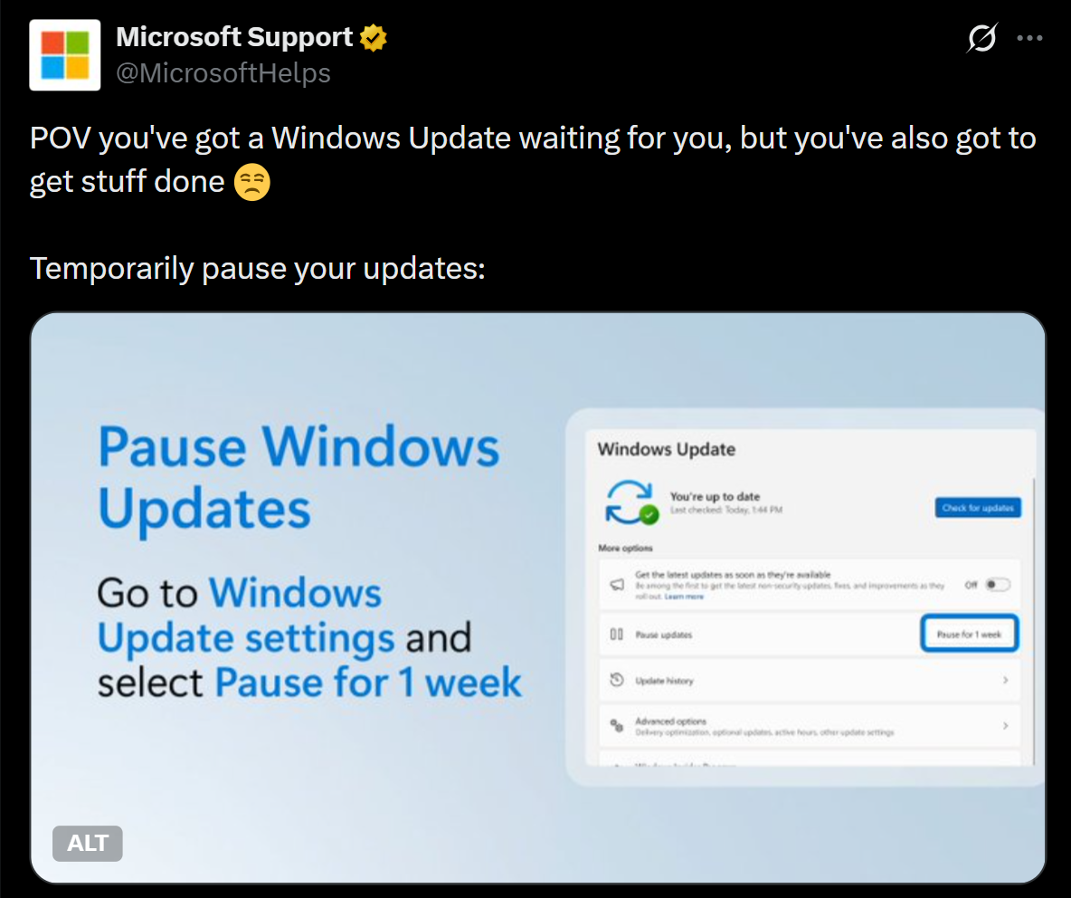 Microsoft reminds users that they can pause updates when in middle of work