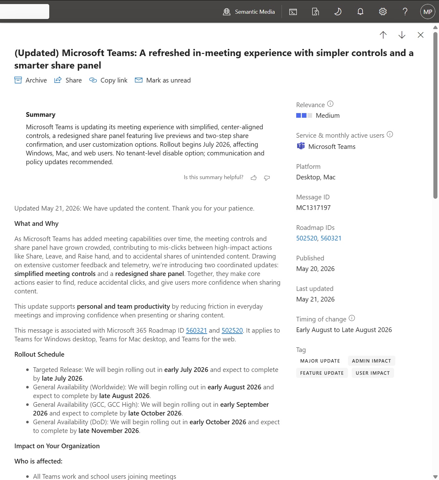 Microsoft Teams MC1317197 message center