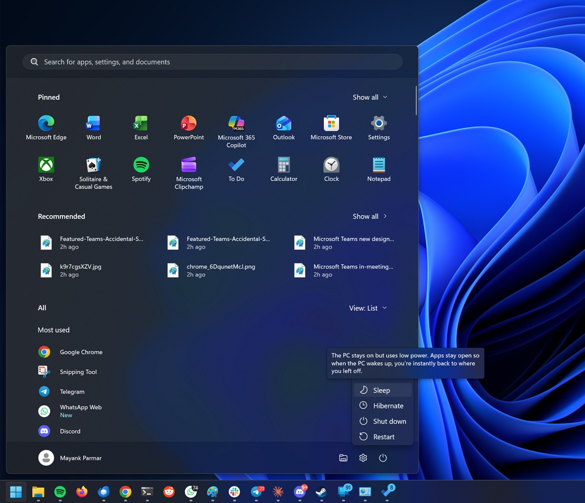 Sleep button in Windows 11