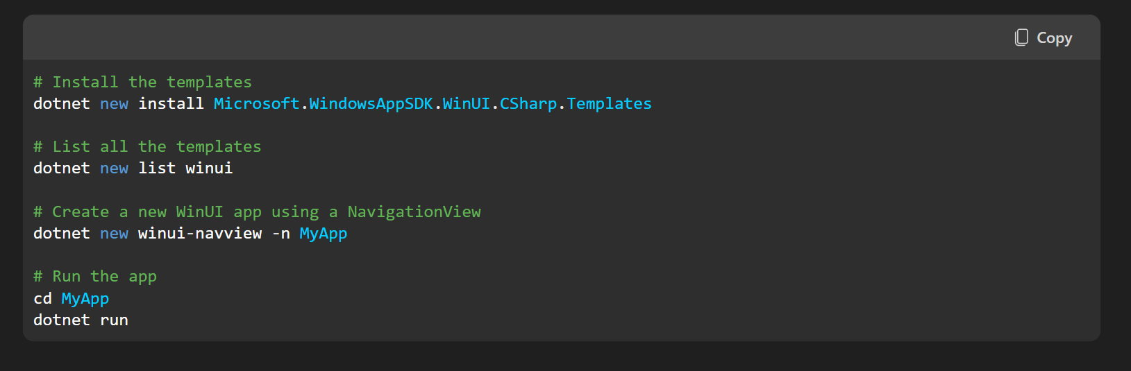 Command-Line code to get started with WinUI templates
