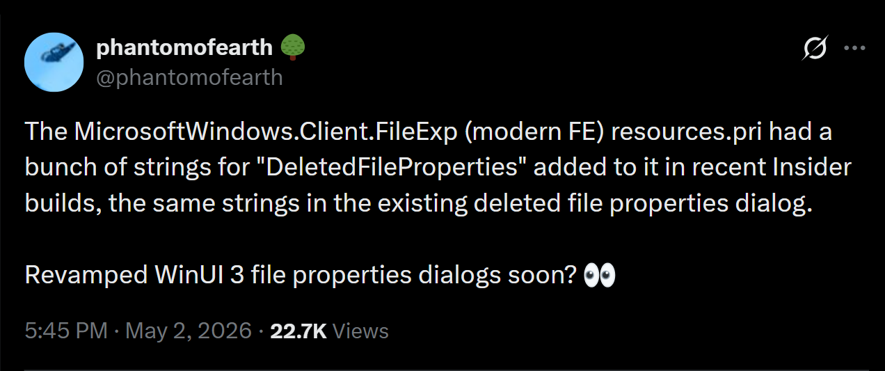 phantomofearth X post about File Explorer Properties dialog