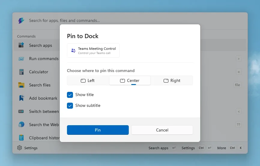 new pin settings in Command Palette Dock