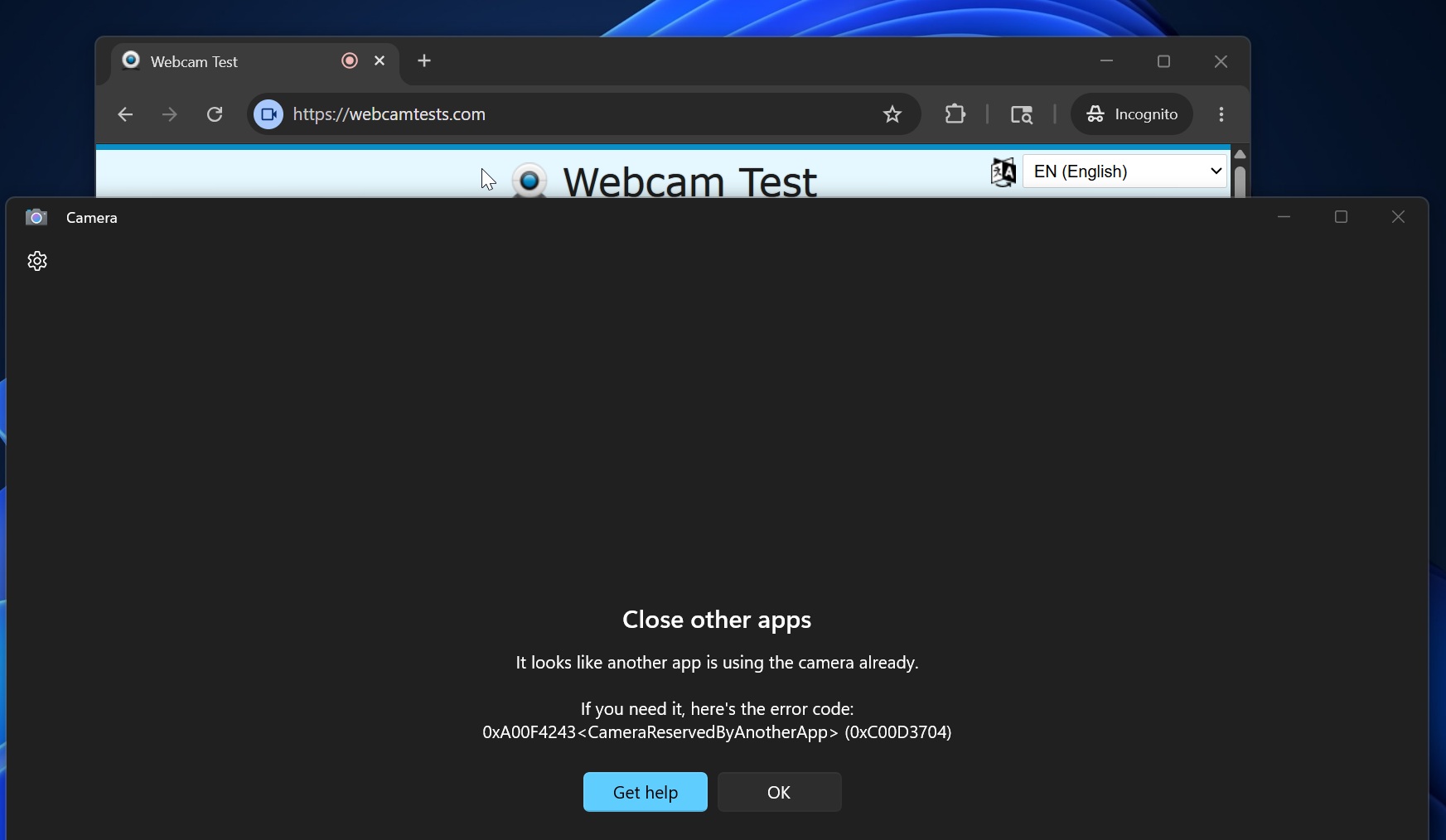 Close other apps to use Camera in Windows 11