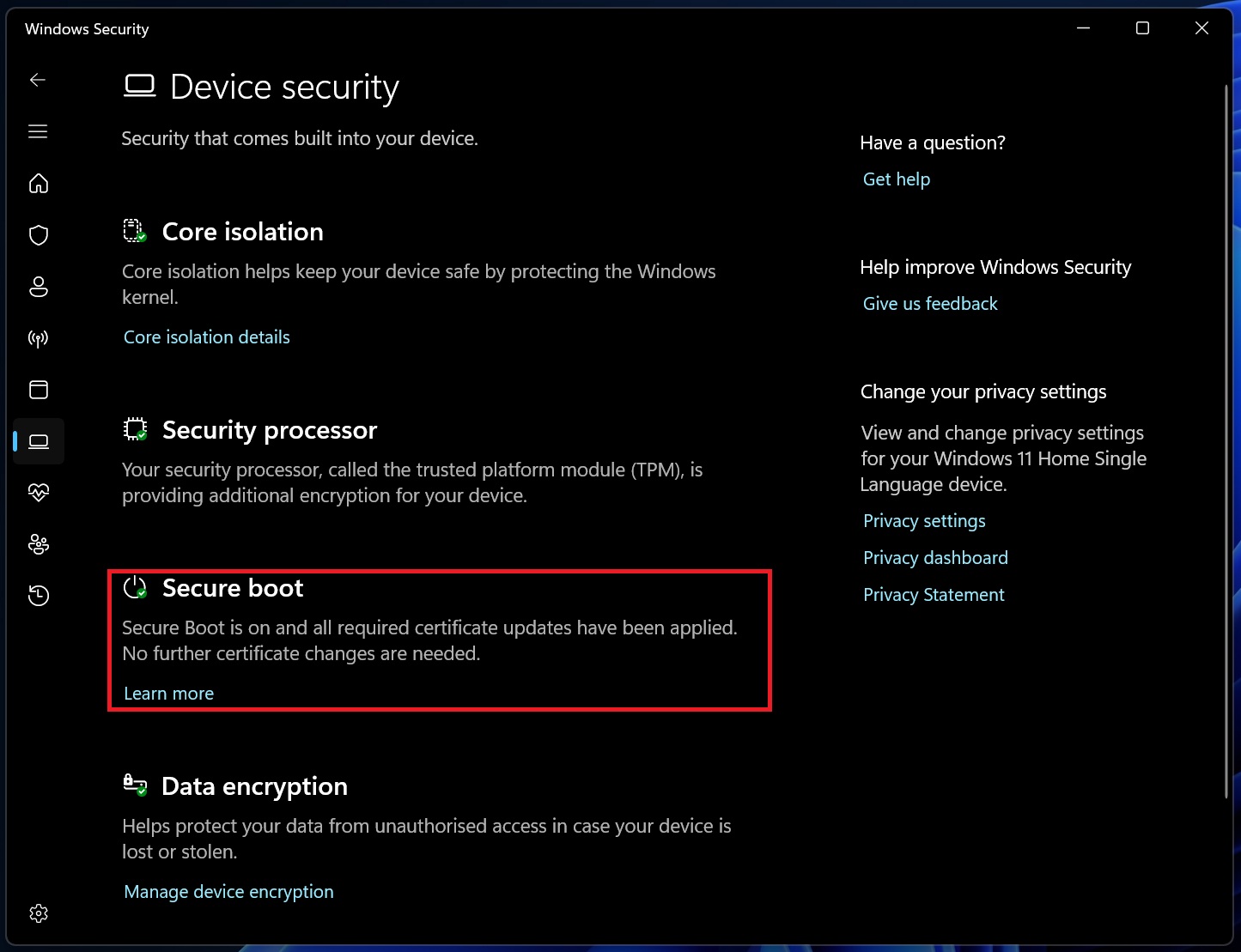Secure Boot status in Windows Security app