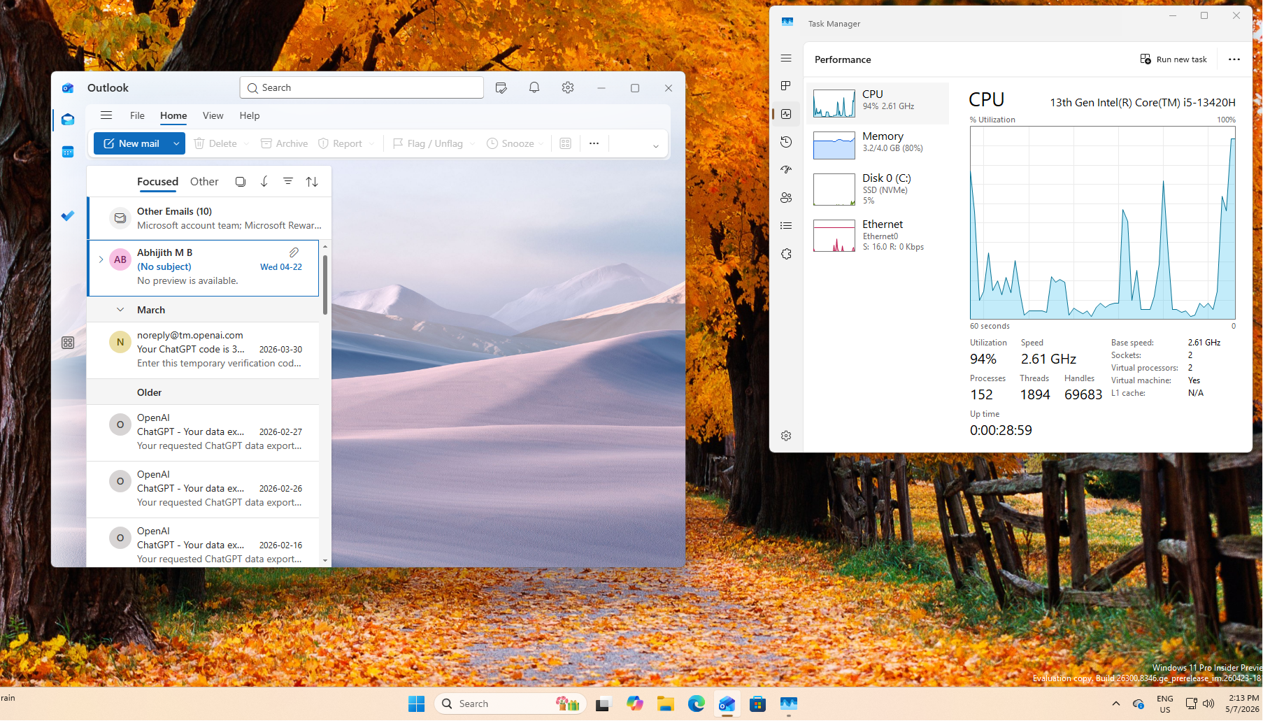 CPU Utilization went to 94 percentage while opening Outlook