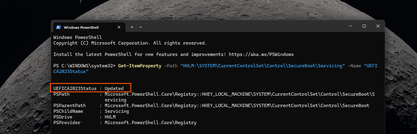 Secure Boot UEFICA2023Status shows Updated