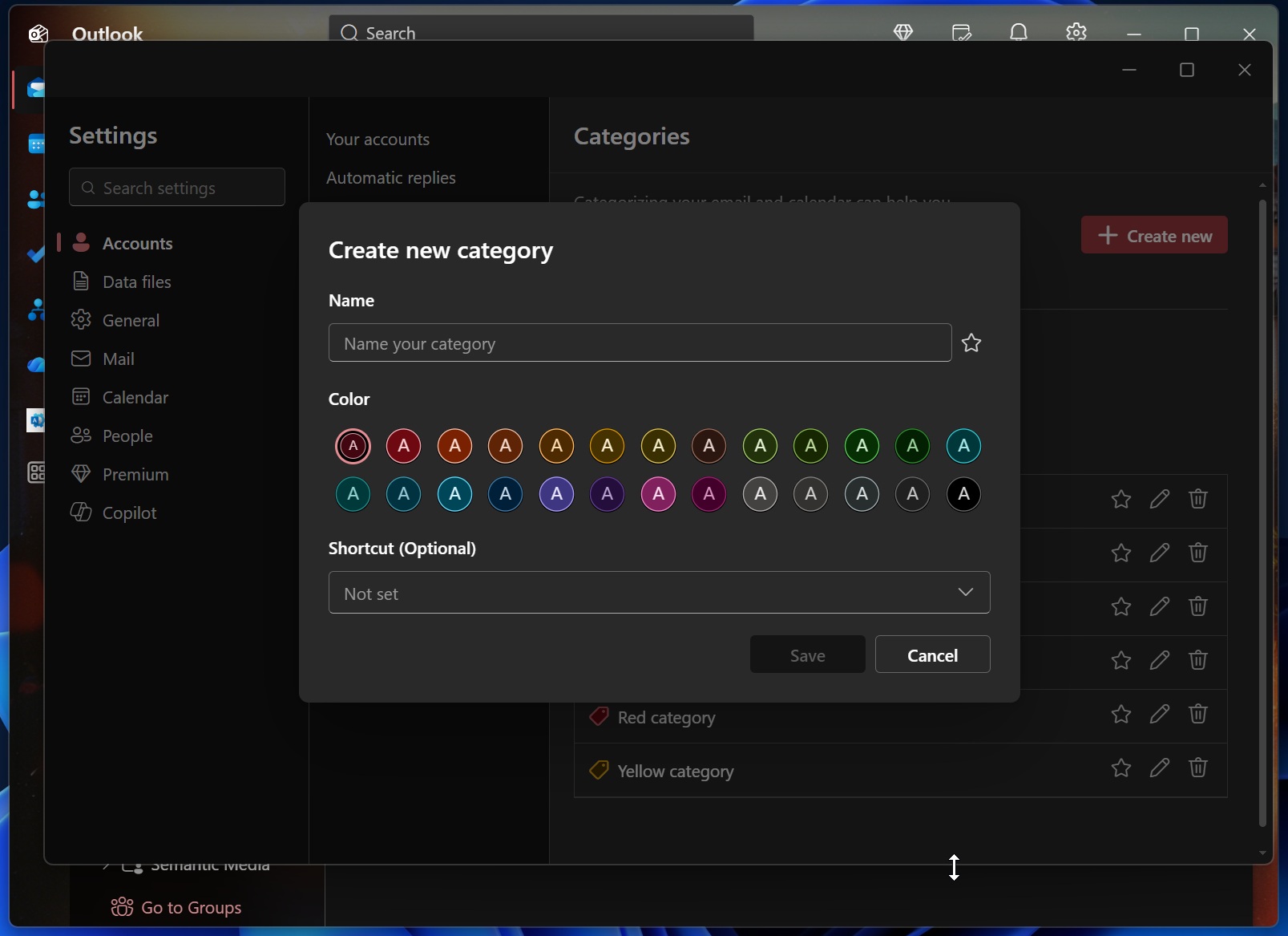 Create a new category in new Outlook
