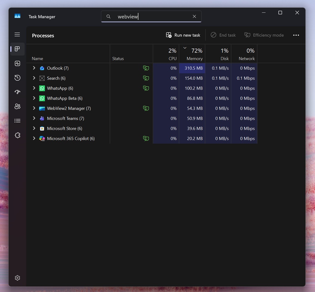 Windows 11 任务管理器中的 WebView2 进程