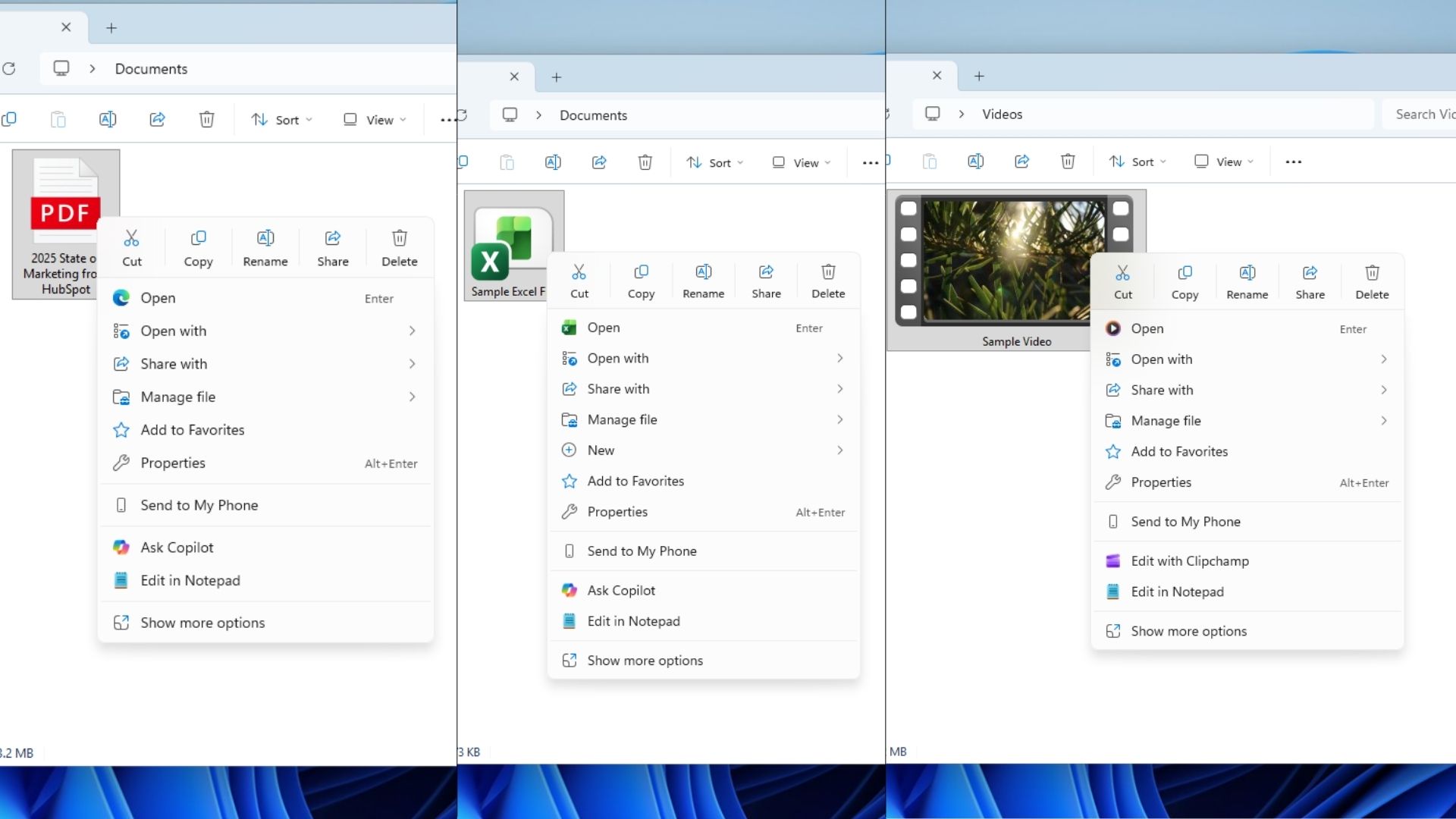 The main Context Menu is almost same for all file types