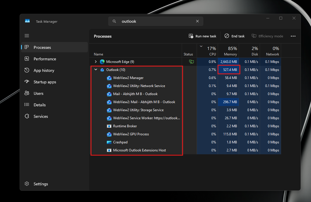 Outlook 运行时内存使用情况