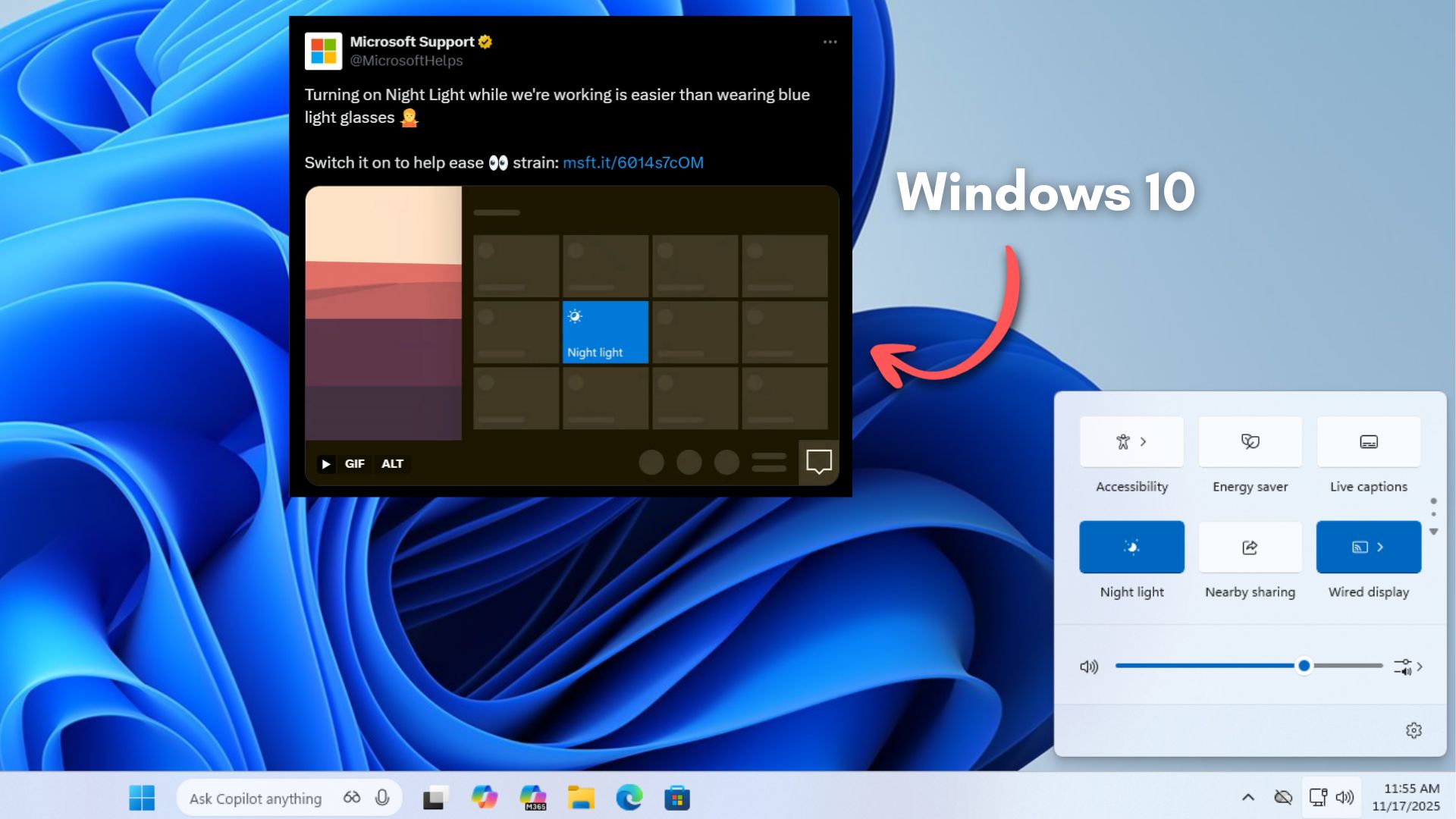 微软支持页面错误地用 Windows 10 界面展示夜间灯光功能