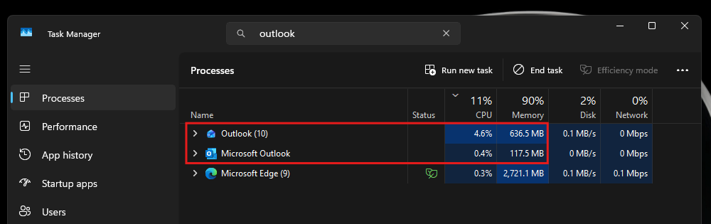 Outlook 和 Outlook Classic 的内存与 CPU 使用情况对比