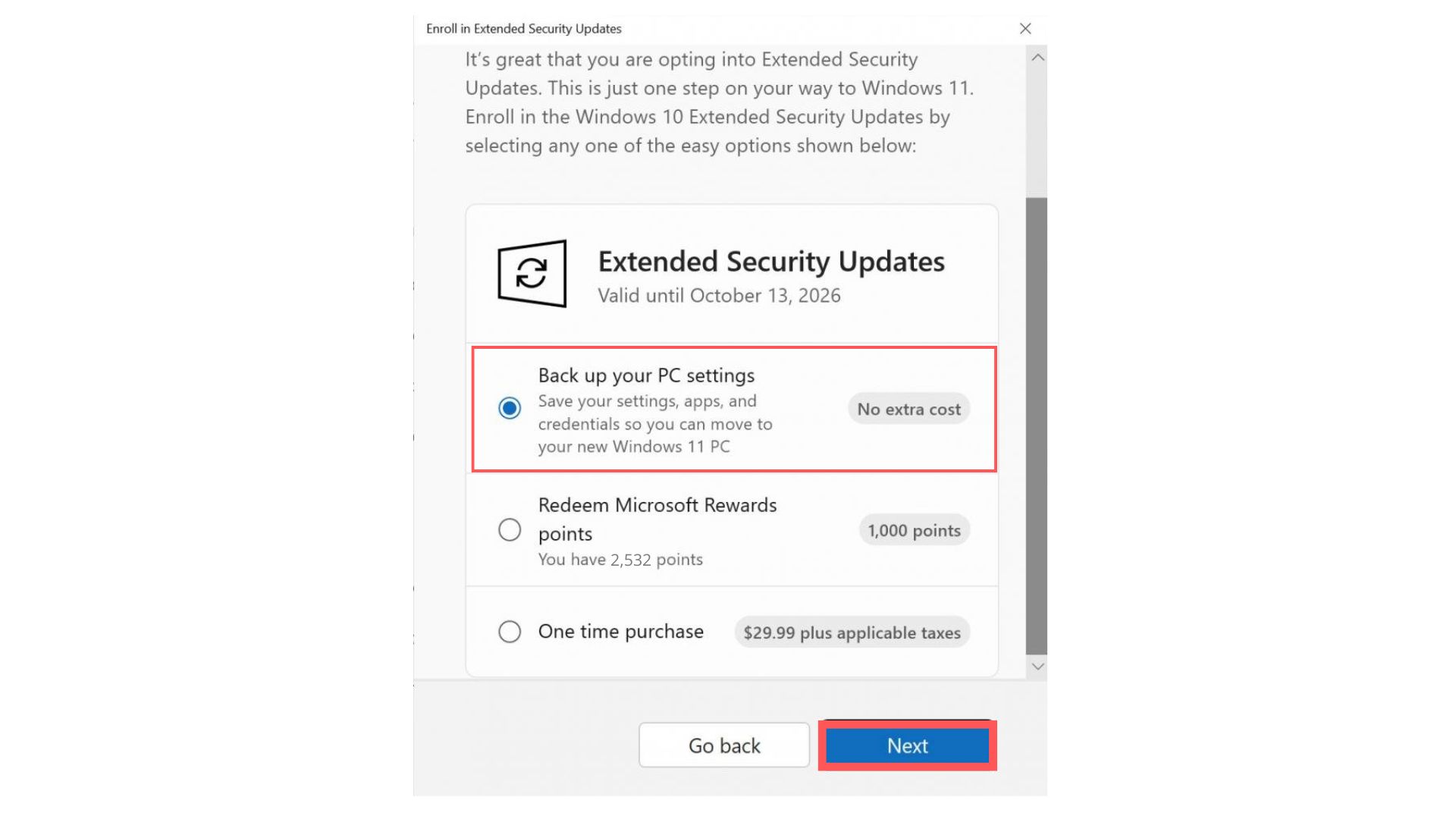备份你的电脑设置以注册 Windows 10 ESU