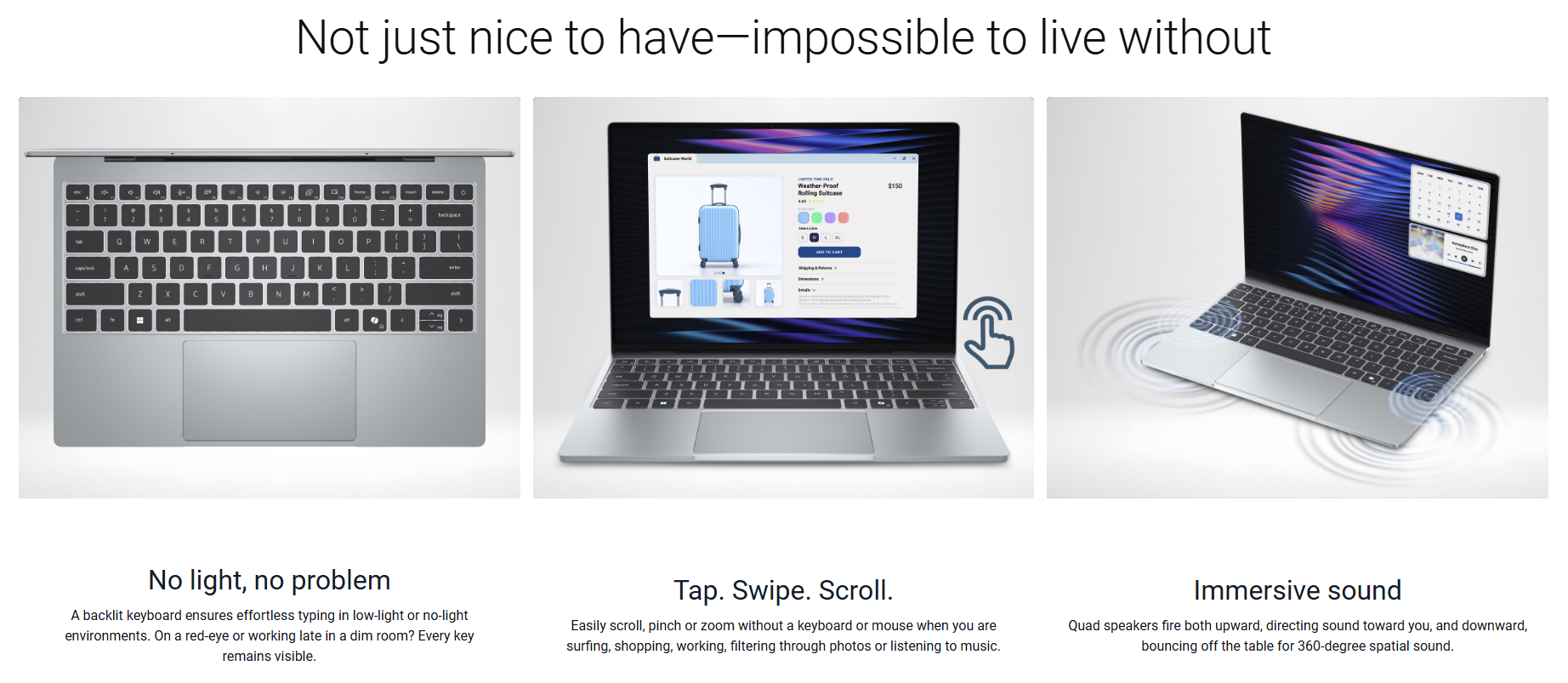 Dell XPS 13 product page specifically highlighting things MacBook Neo lacks