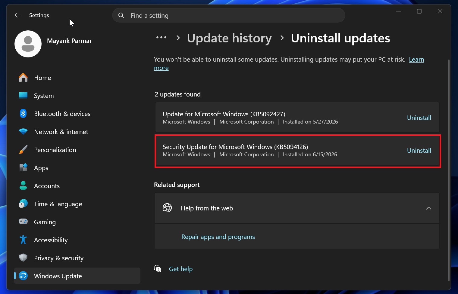 Remove Windows 11 KB5094126